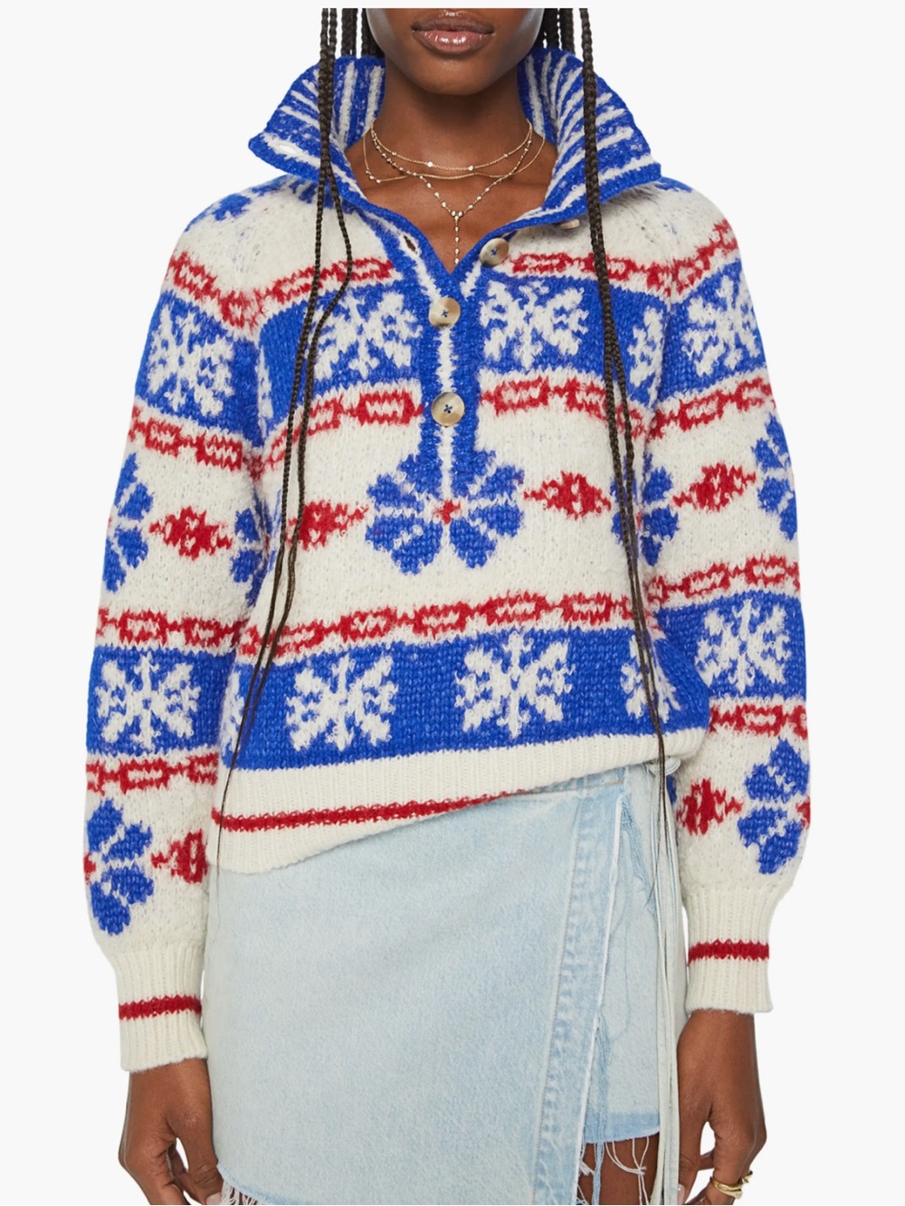 MOTHER Fair Isle Half-Button Sweater - White/Blue/Red, Alpaca blend, small